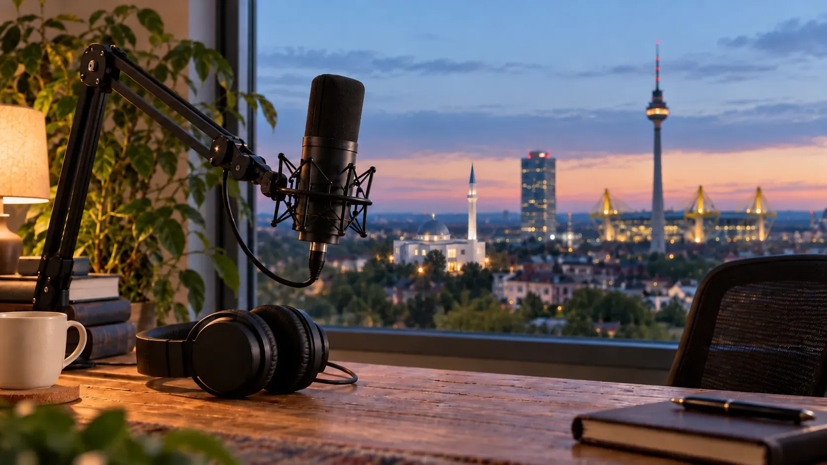 Sprecherplatz mit Mikrofon und Kopfhörern vor dem Abendhimmel über Dortmund
