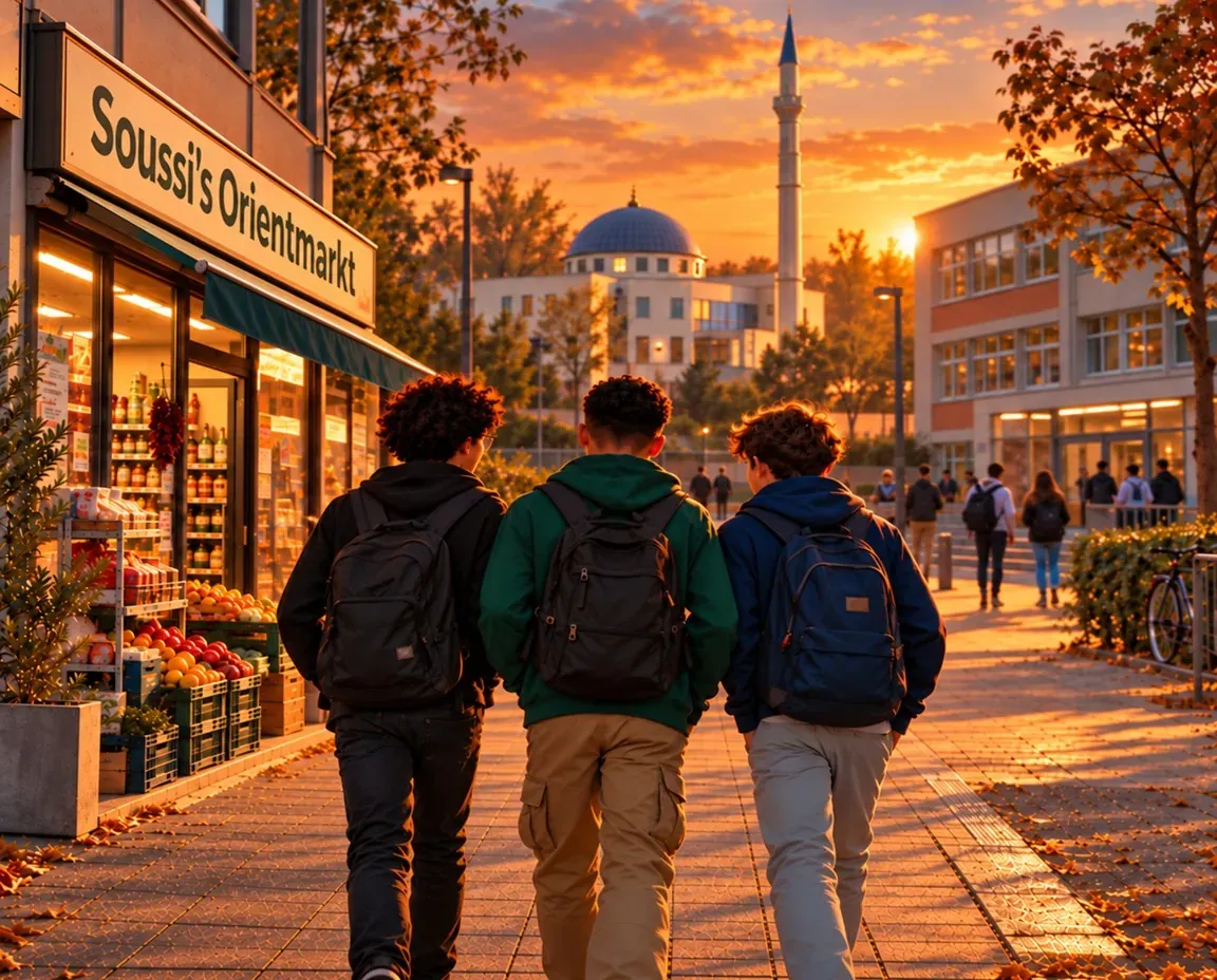 Drei Jugendliche gehen bei Sonnenuntergang eine Straße entlang, im Hintergrund eine Moschee