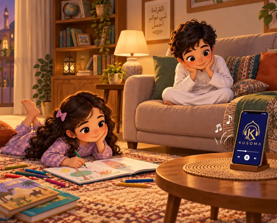 Zwei Kinder hören gemeinsam ein Hörbuch im Wohnzimmer